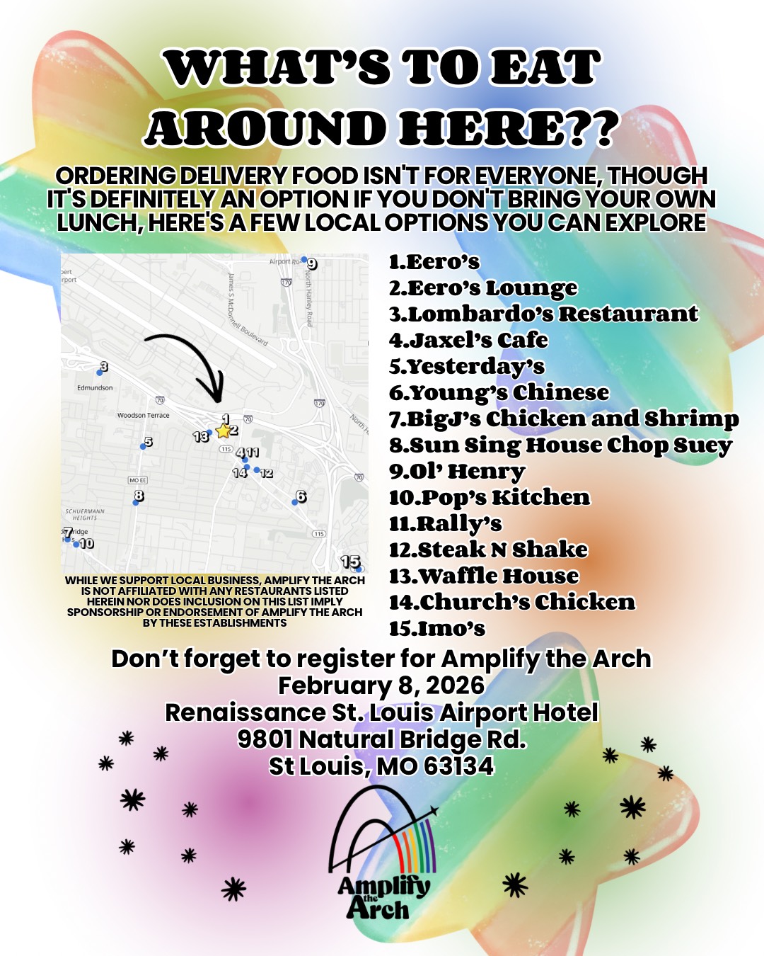 Flyer listing restaurants nearby the Amplify the Arch conference for people to get lunch if needed