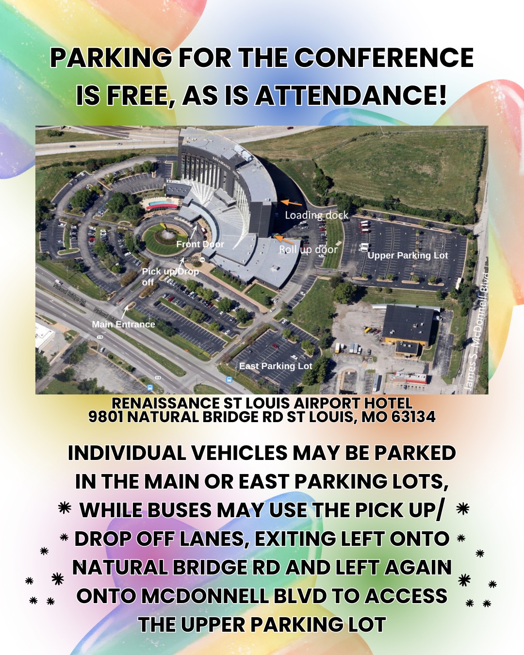 Parking information for Amplify the Arch, informing individual vehicles to park in the main or east lots, and buses to use the pickup and dropoff lanes